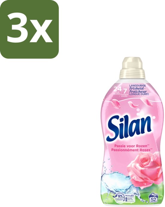 3x assouplissant Silan parfum rose. Bouteille rose avec bouchon blanc. Comprend une image d'une rose rose et d'eau.