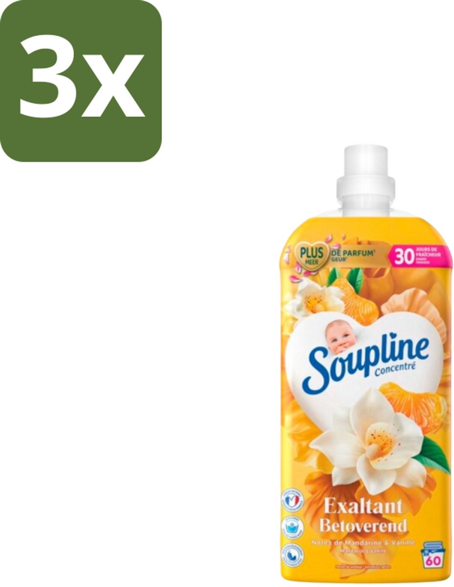 3 x Soupline – Wasverzachter – Betoverend Mandarijn & Vanille – 1,28 L - Wasverzachter - Wasverzachter Mandarijn En Vanille - Wasverzachter Betoverend - Wasverzachter Voor Kleding - Wasverzachter Voor Was