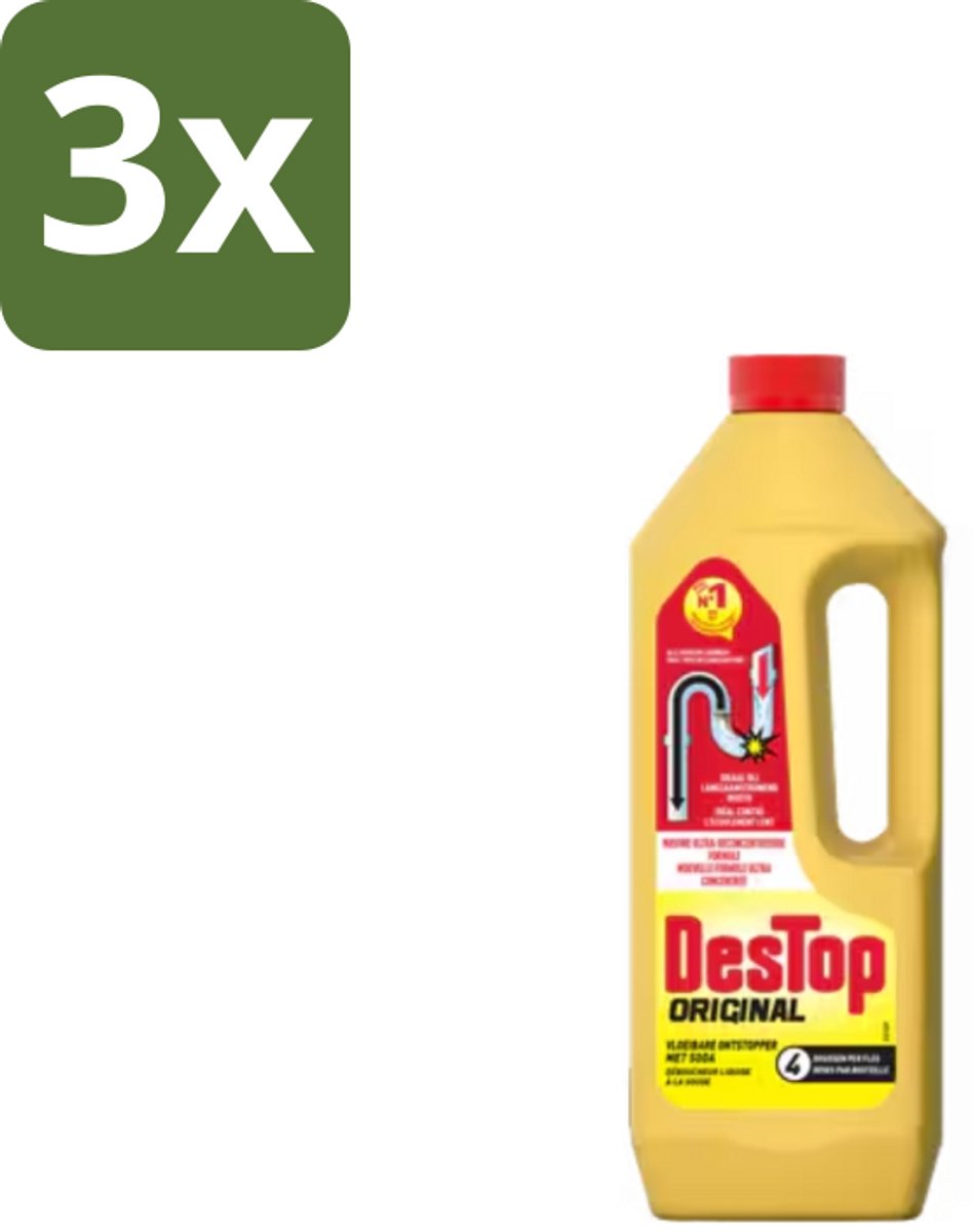 3 x Destop - Ontstopper - Met Soda - Alle soorten leidingwerken - Werkt in 2 uur - 1L - Afvoer Ontstopper - Leidingen Reinigen - Verstopping Oplossen - Soda Vloeistof - Keuken Afvoer