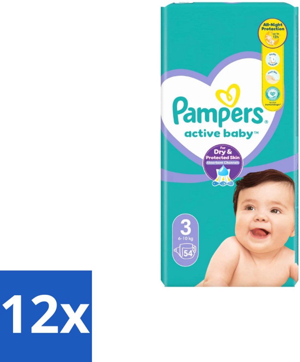 12 x Pampers – Luiers – Active Baby Maat 3 – 54 Luiers - Baby Luiers - Droge Nachten - Vocht Absorberend - Luchtdoorlatend - Huid Bescherming