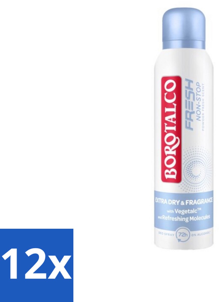 12 x Borotalco – Deodorant Spray – Fresh Non-Stop – 150 ml - Frisheid - Zweetbestendig - Menthol - Koel Gevoel - Deodorant Spray