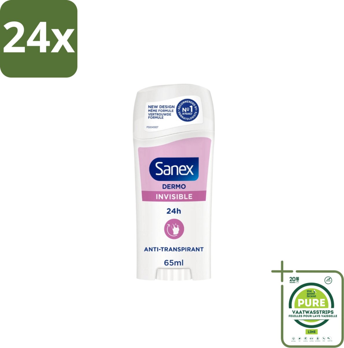 Sanex – Deodorant Stick – Dermo Invisible – 65 ml - Voordeelverpakking - 24 stuks - Onzezichtbare deodorantstick - Deodorantstick