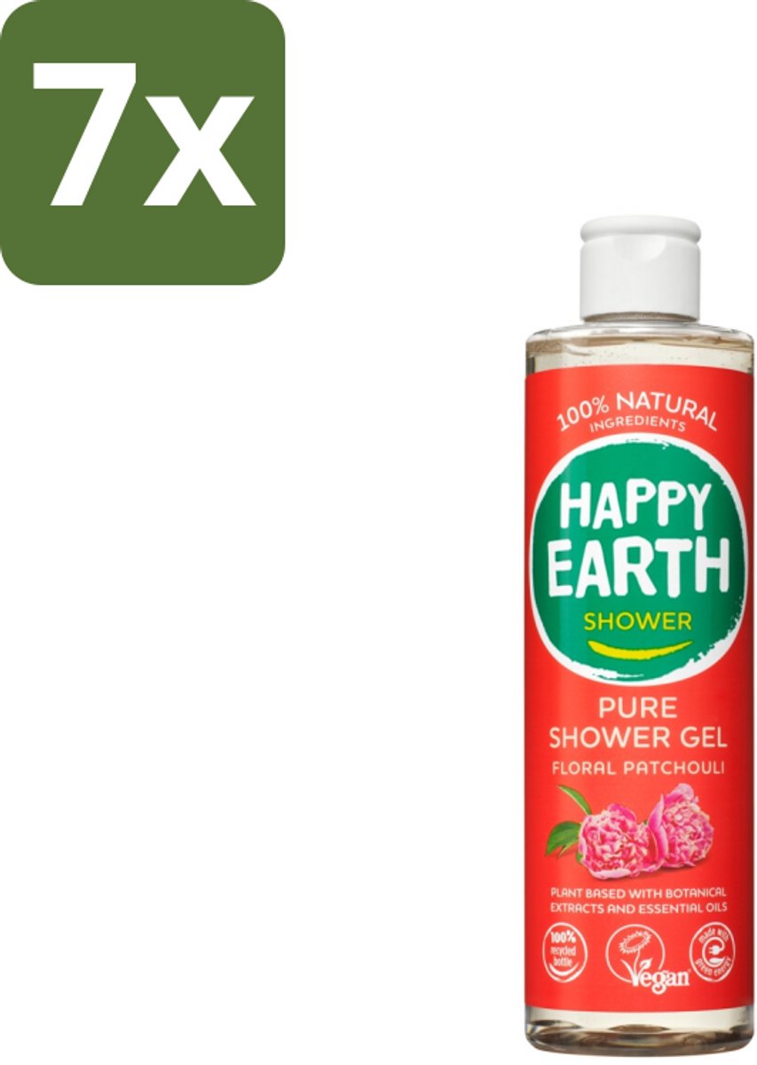 Happy Earth – Douchegel – 100% Natuurlijk Floral Patchouli – 300 ml - Bulkverpakking - 7 stuks