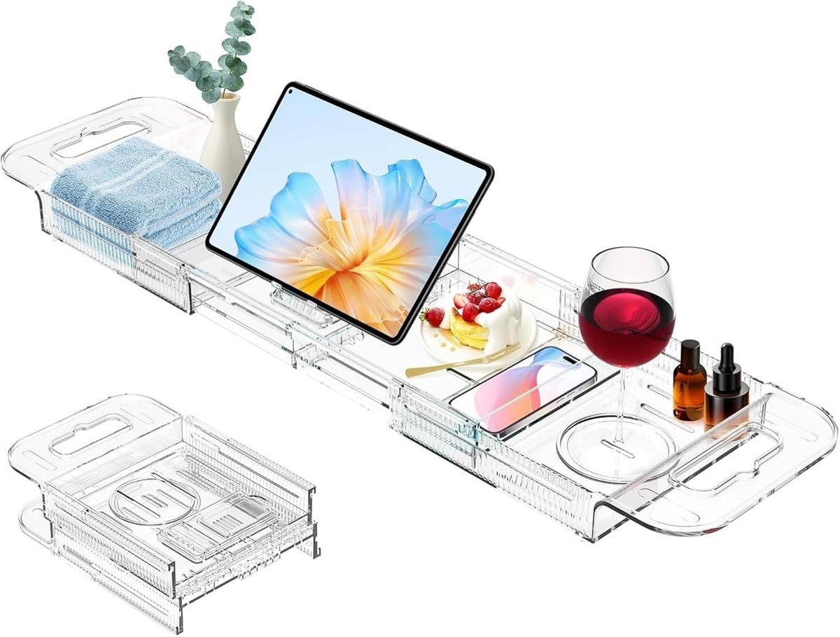 Uitbreidbaar Acryl Badplank voor iPad en Boeken, Badaccessoires voor Ontspanning en Organisatie, Perfect Cadeau voor Vrouwen