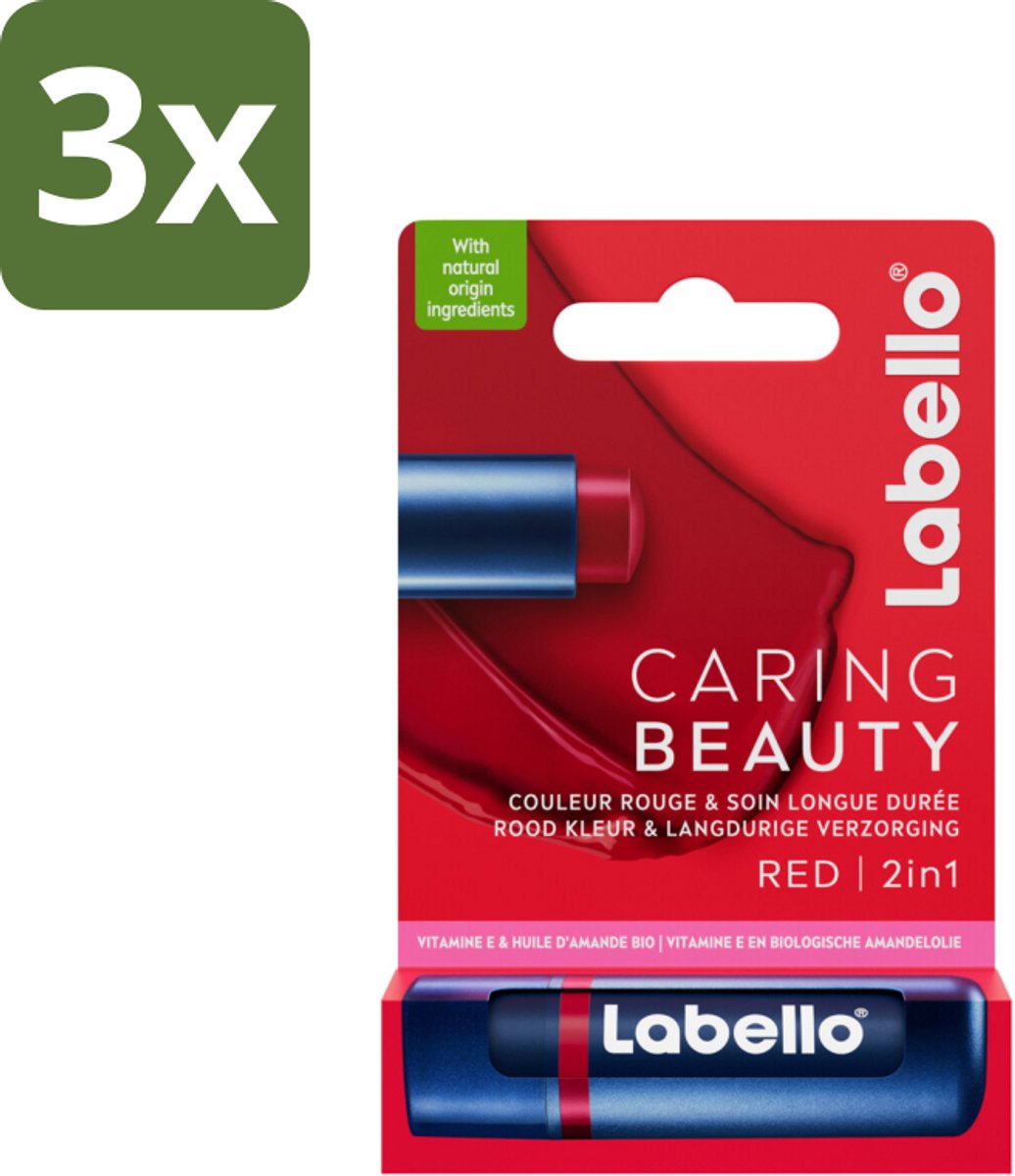 Labello –Lippenbalsem – Caring Beauty Red – 5,5 ml - Bulkverpakking - 3 stuks