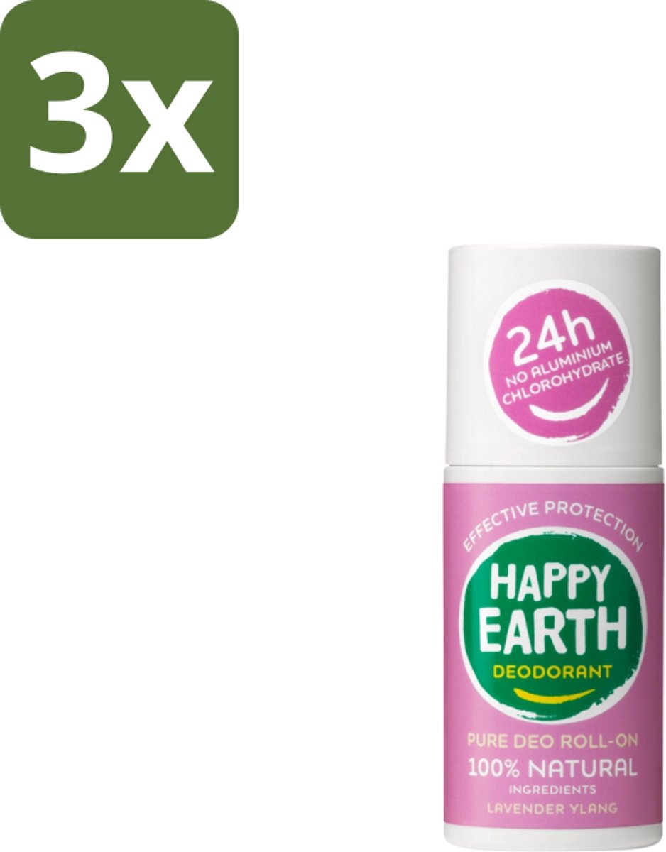 Happy Earth – Deodorant Roll-On – 100% Natuurlijk Lavender Ylang – 75 ml - Bulkverpakking - 3 stuks