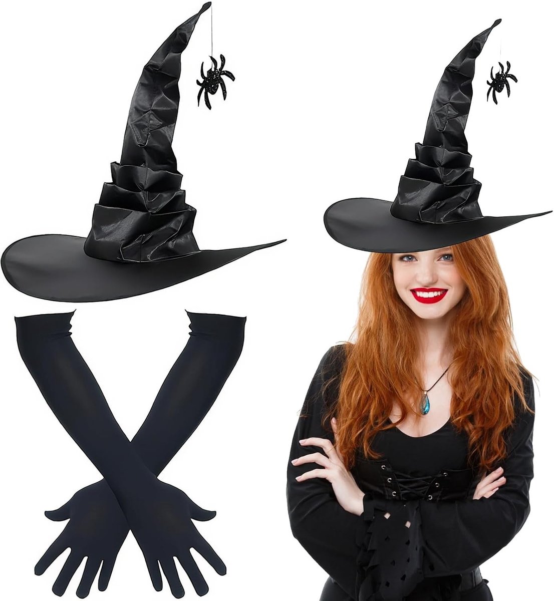 Zwarte Hekkenhoed en Lange Handschoenen voor Dames, Perfect voor Halloween, Carnaval en Cosplay Accessoires