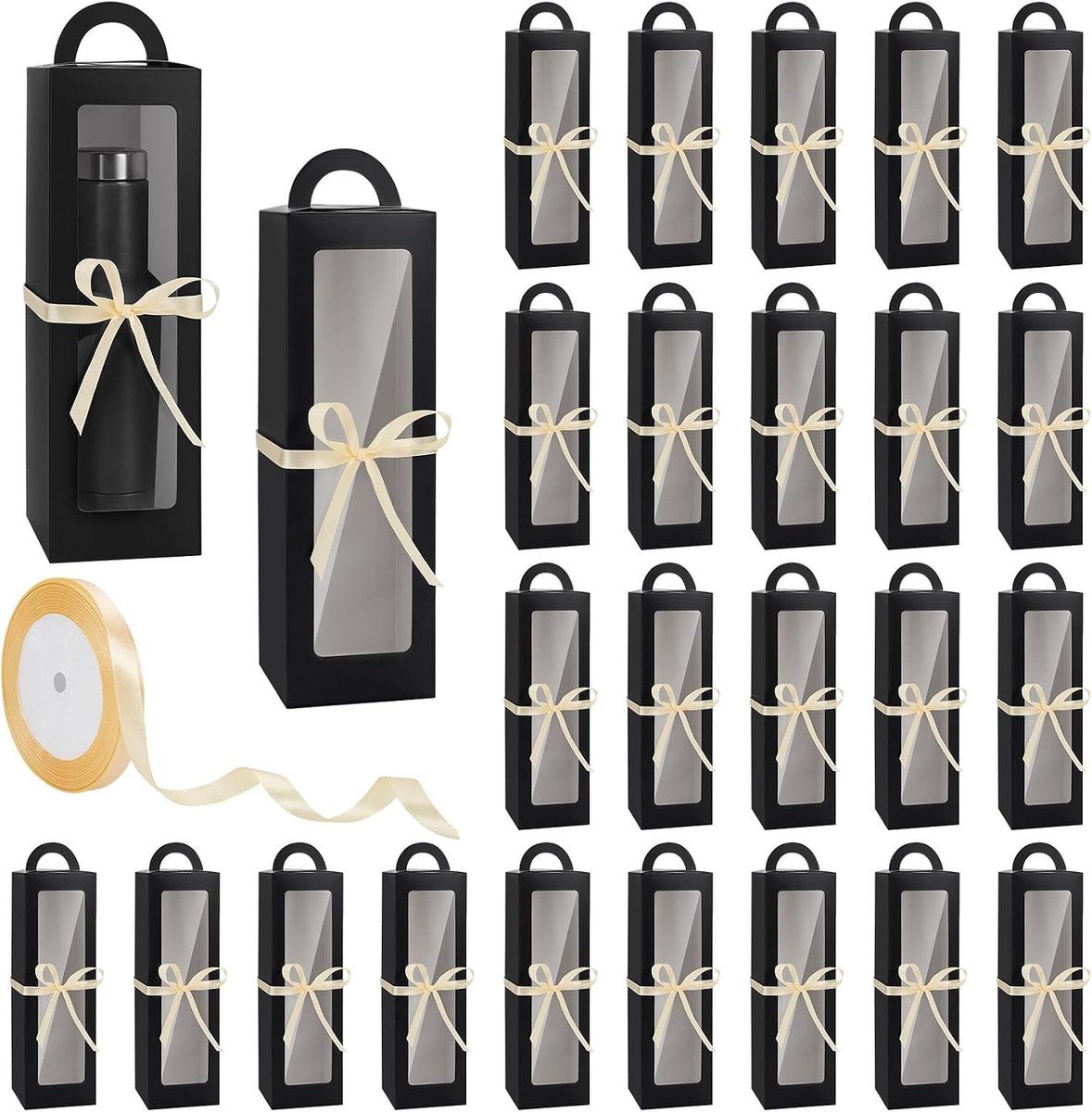 30 Stuks Zwarte Geschenkdozen met Handvat voor Glazen Bekers en Wijn - Inclusief 22 Meter Gouden Lint voor Bruiloft Geschenken en Tumblers Verpakking