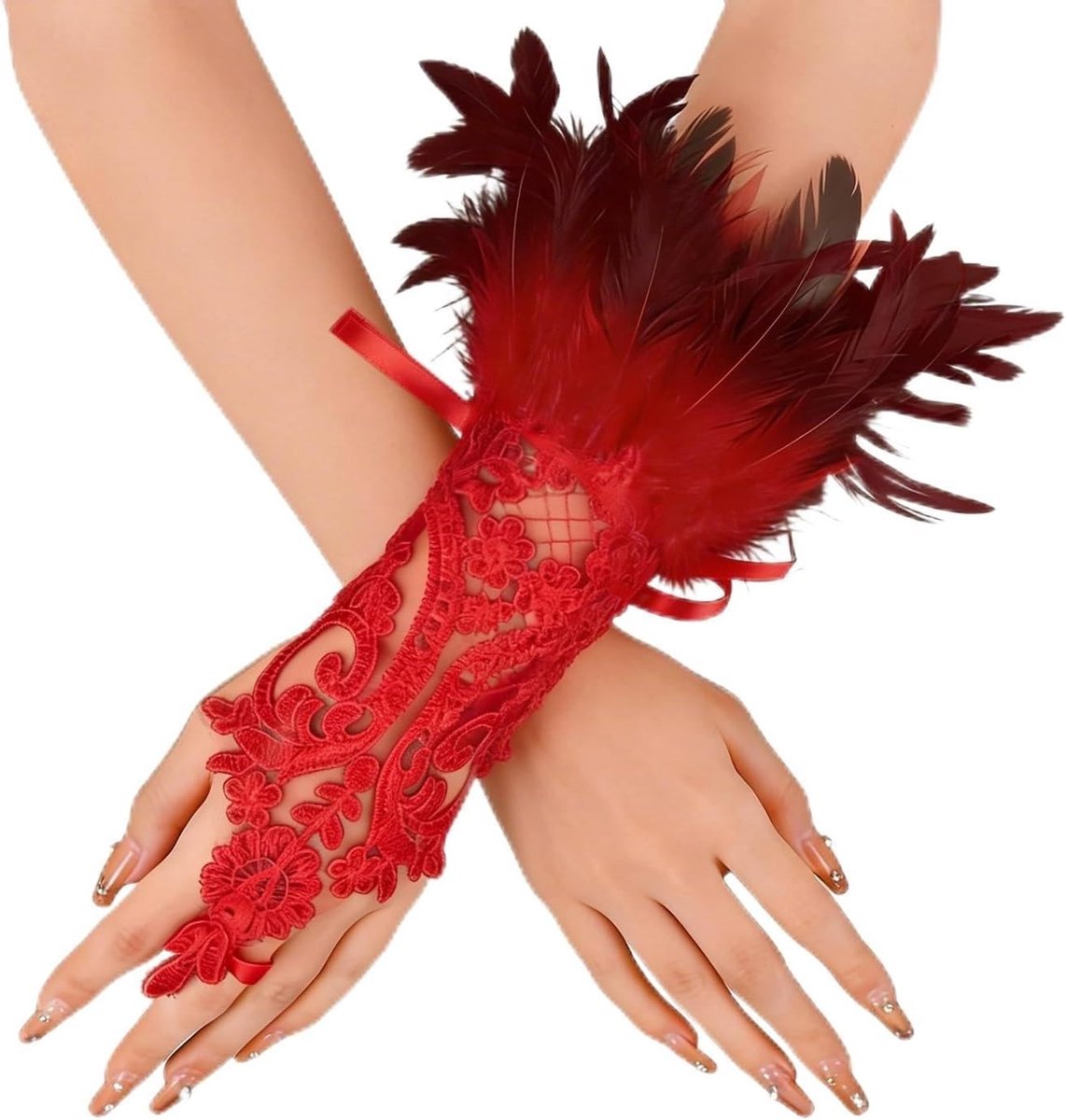 Lace Handschoenen met Veertjes voor Vrouwen, Gotische Vingerloze Handschoenen voor Carnaval en Halloween, Perfecte Accessoire voor Swan Kostuum