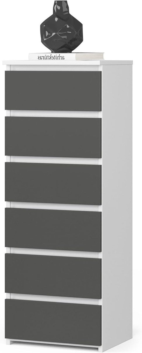 Ladekast met 6 laden - Opbergkast slaapkamer - Kamer organiseren - Hoge kwaliteit materiaal - 40 x 109 cm - Wit/Grafietgrijs