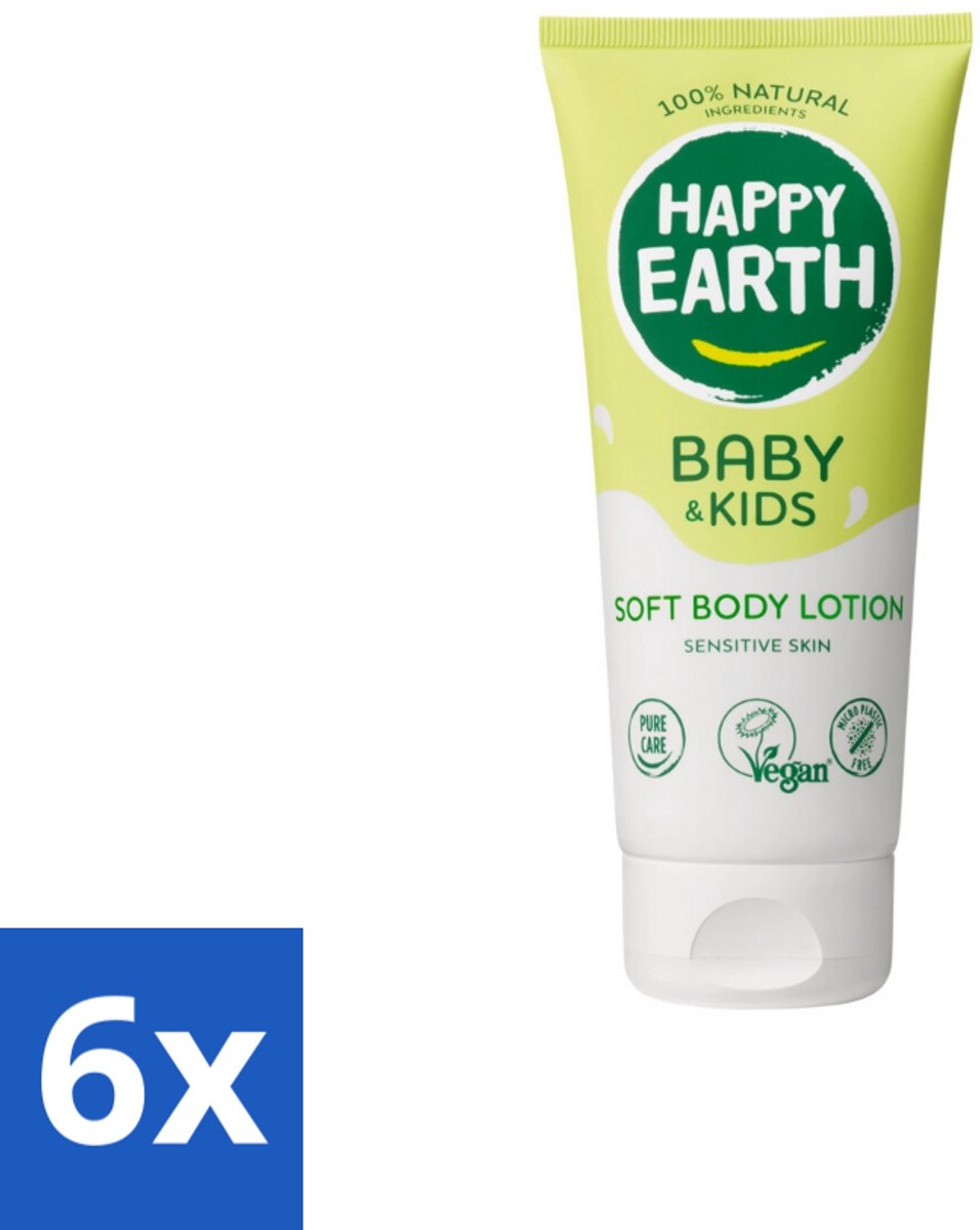 6 x Happy Earth – Bodylotion – 100% Natuurlijk Baby & Kids – 200 ml - Babylotion - Kinderhuid - Natuurlijke Bodylotion - Gezonde Huid - Gevoelige Huid