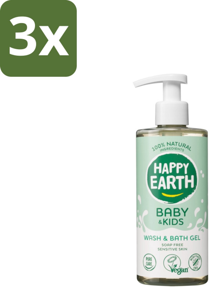 3 x Happy Earth – Was & Badgel – Zeepvrij Baby & Kids – 300 ml - Baby Wasgel - Zeepvrij Baby Wasgel - Huidverzachter - Allergeen Wasgel - 2-in-1 Wasgel