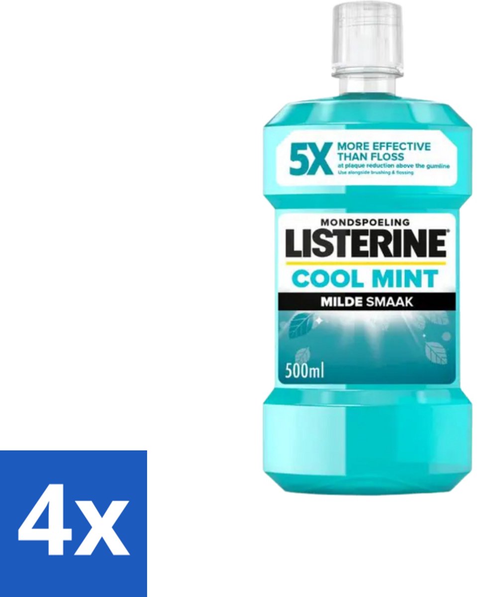 4 x Listerine – Mondwater – Cool Mint – Milde smaak zonder alcohol – 500 ml - Mondwater - Mondhygiëne - Tandplak - Tandvlees - Mondspoeling