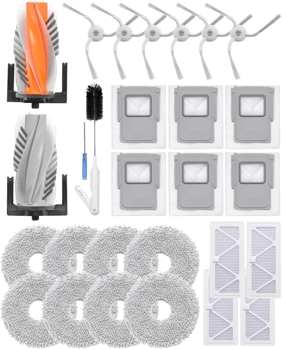 28-delige vervangingsset voor robotstofzuigers: 2 hoofdborstel, 6 veegborstels, 4 HEPA-filters, 6 stofzakken en 8 mopdoeken voor optimale reiniging