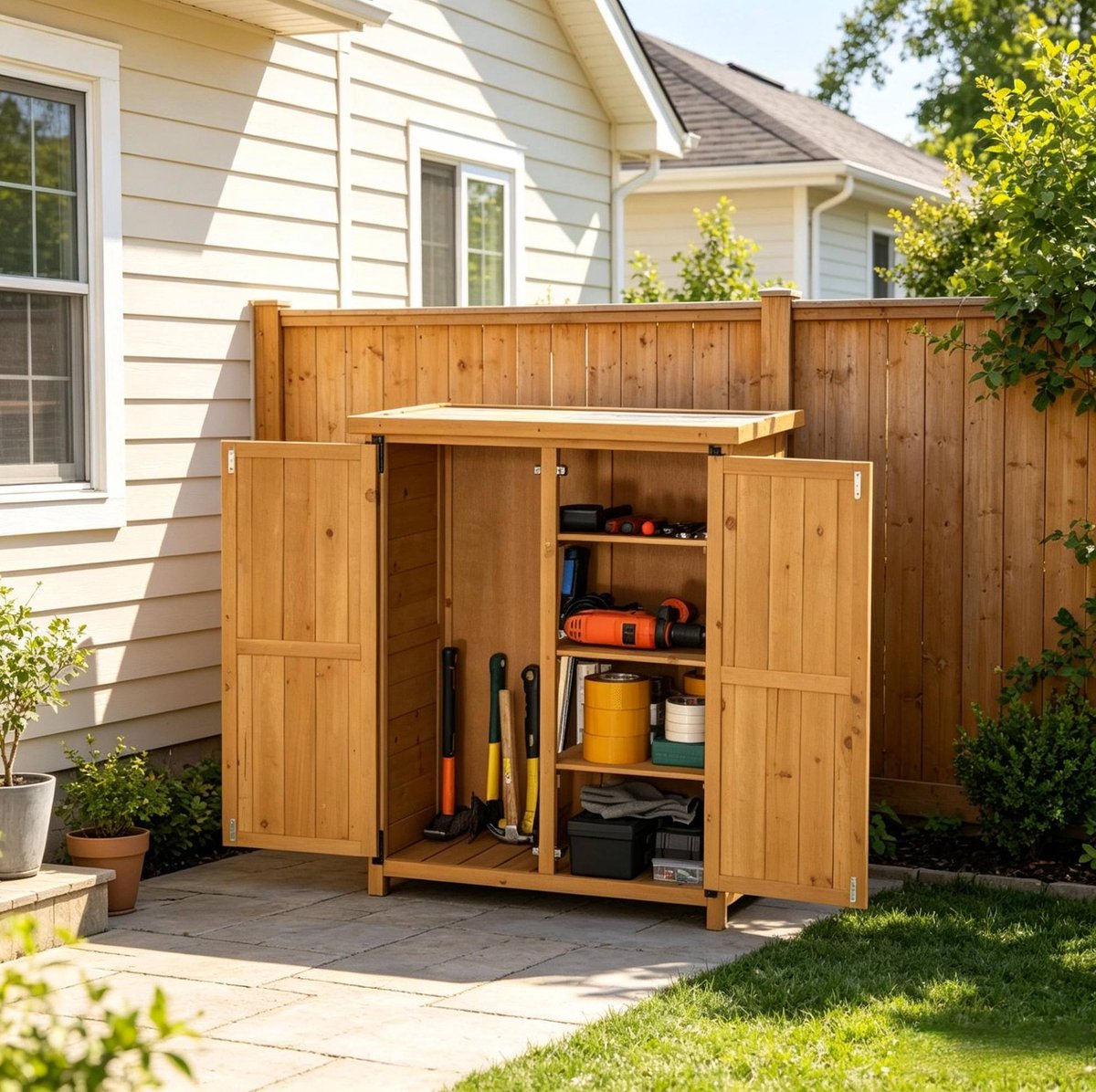 STILVORA Gartenschrank - Met 2 Deuren En 3 Planken - Voor Tuingereedschap En Accessoires - Hout En Metaal - 75x40x90 Cm - Geel