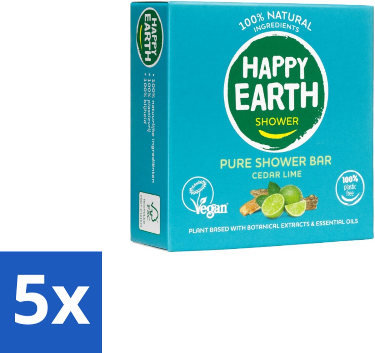 5 x Happy Earth – Shower Bar – 100% Natuurlijk Cedar Lime – 90 g - Shower Bar - Natuurlijke Douchegel - Ceder En Limoen - 100% Natuurlijke Ingrediënten - Vegan