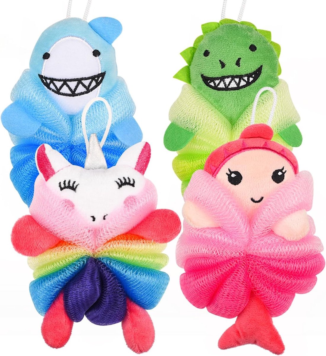 Set van 4 Dierlijke Bad Loofahs voor Kinderen - Cartoon Zeemeermin, Haai en Eenhoorn - Exfoliërende Spons voor Douche en Badervaring