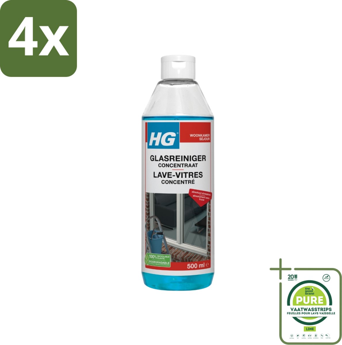 HG Glasreiniger Concentraat 500 ml - Voordeelverpakking - 4 stuks - Glasreiniger - Ramen schoonmaken