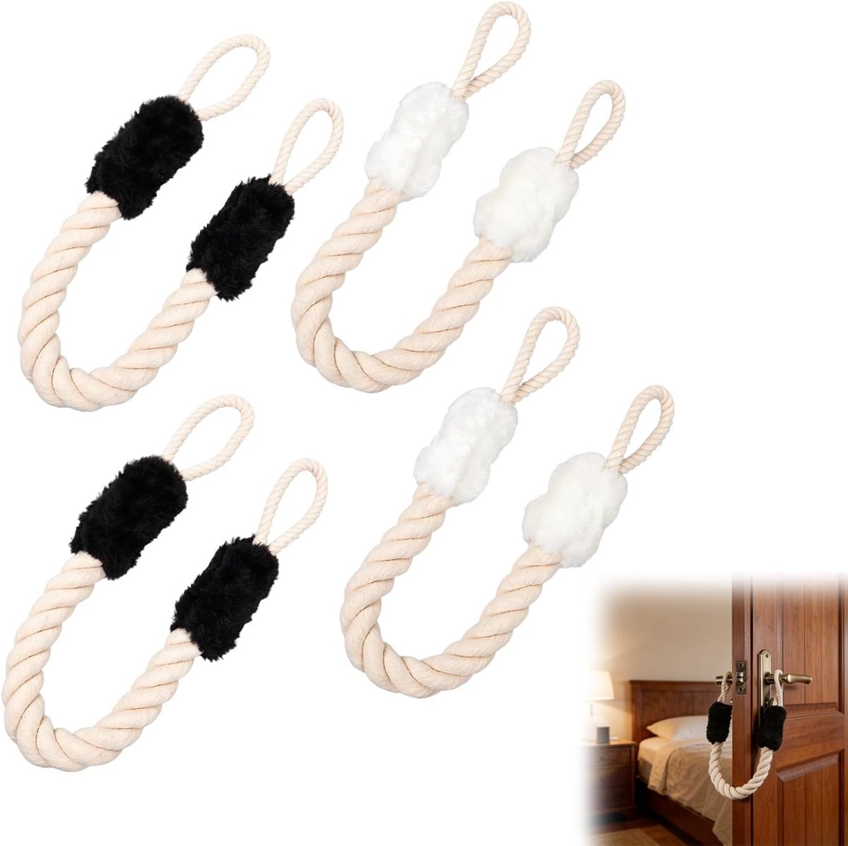 Cord Clamp Bescherming voor Deuren - Set van 4, Katoenen Deurstoppers met 60 cm Touw, Veiligheidsoplossing voor Huisdieren en Kinderen, Voorkom Vingerslachtoffers (Wit/Zwart)