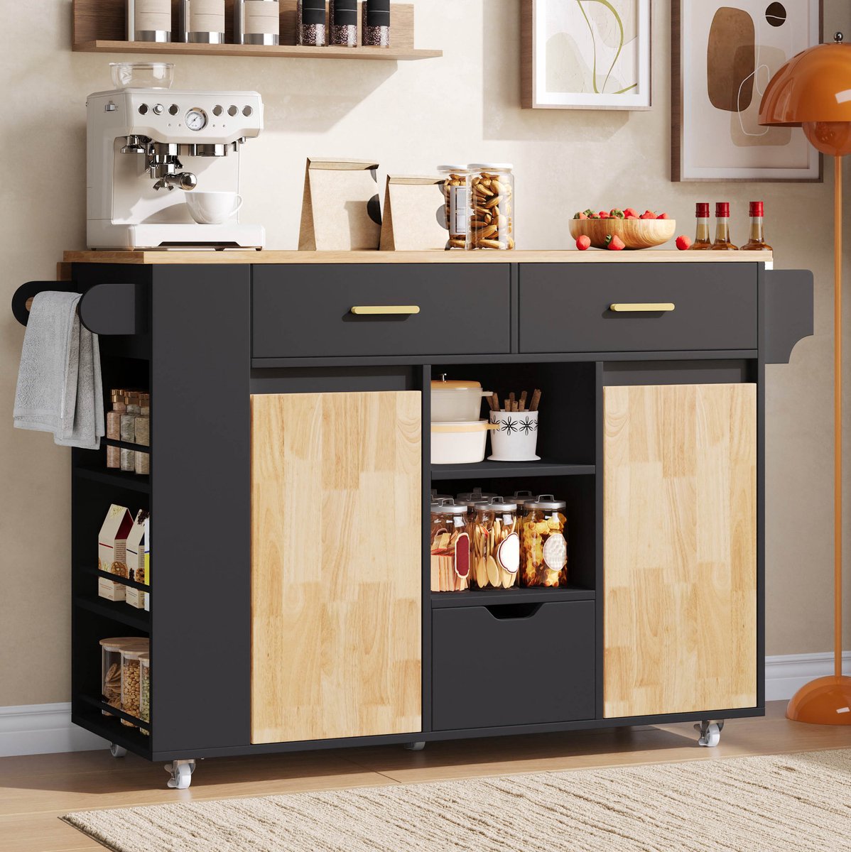 Keuken Eiland Wagen Met Klapbare Werkbladverlenging, 3 Planken Voor Kruiden, 3 Laden En Verrijdbare Wielen, MDF, Zwart Houtlook, 120x45(71)x90 Cm