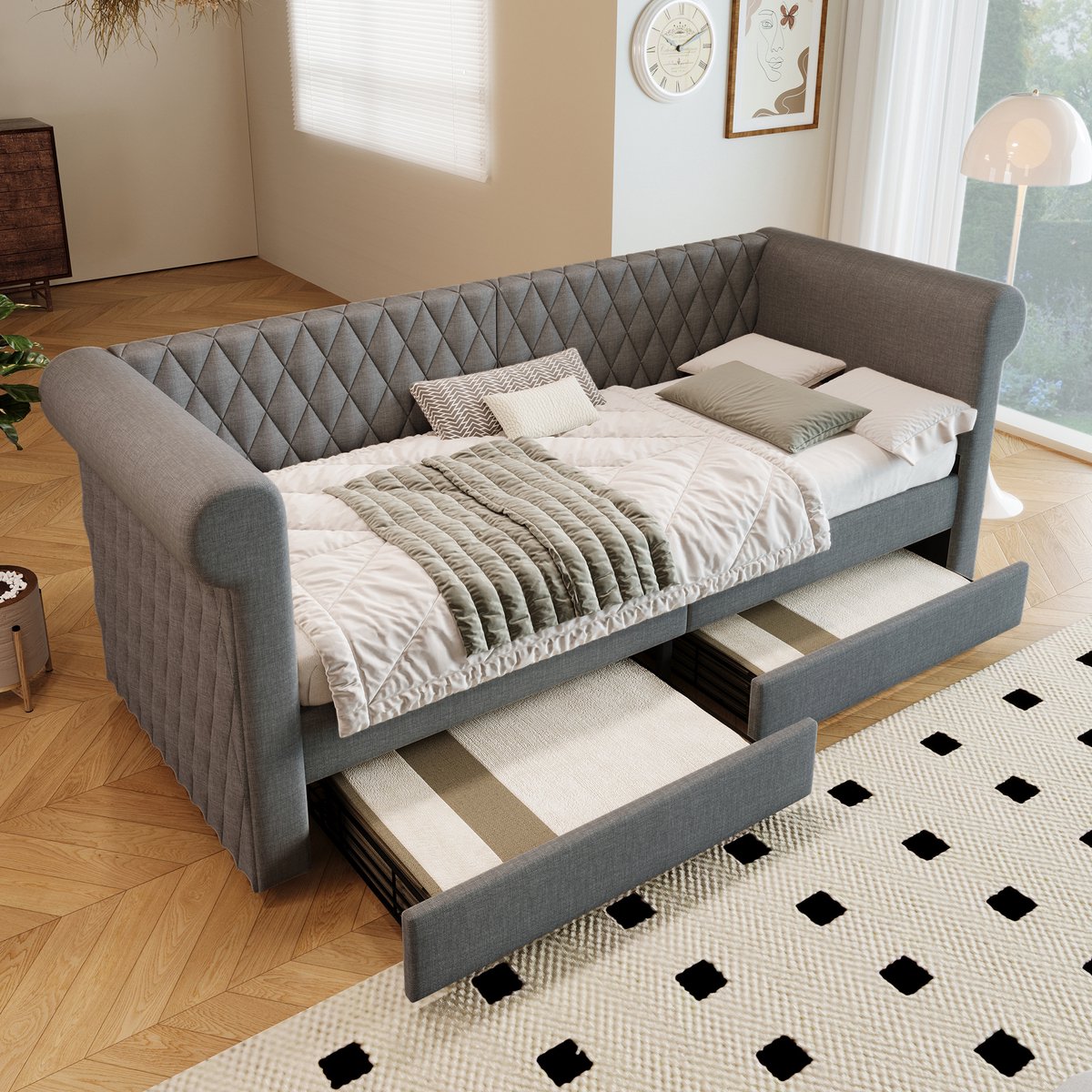 Gestoffeerd dagbed 90x200 cm - Vintage hoofdeinde, gebogen armleuningen en 2 opberglades - Grijs linnen - Slaapbank en logeerbed - Incl. lattenbodem - Max. 150 kg - Voor kind, tiener en volwassene