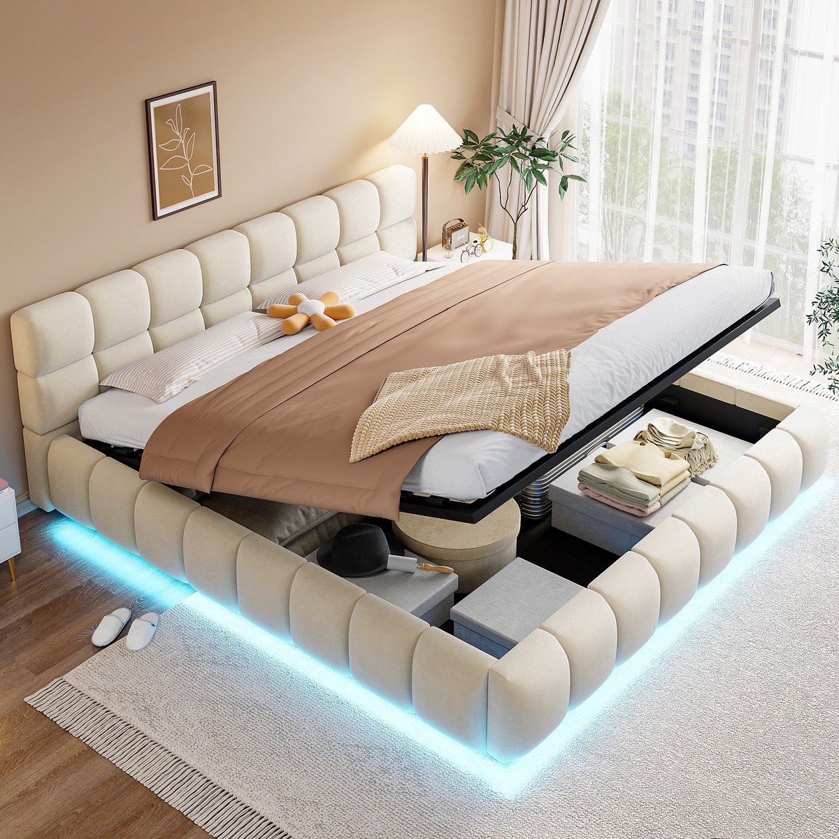 Gestoffeerd hydraulisch opbergbed met LED - 180x200 cm tweepersoons - beige fluweel - gewatteerd hoofdeinde en zijpanelen - verzonken matrassteun - 26-delige lattenbodem