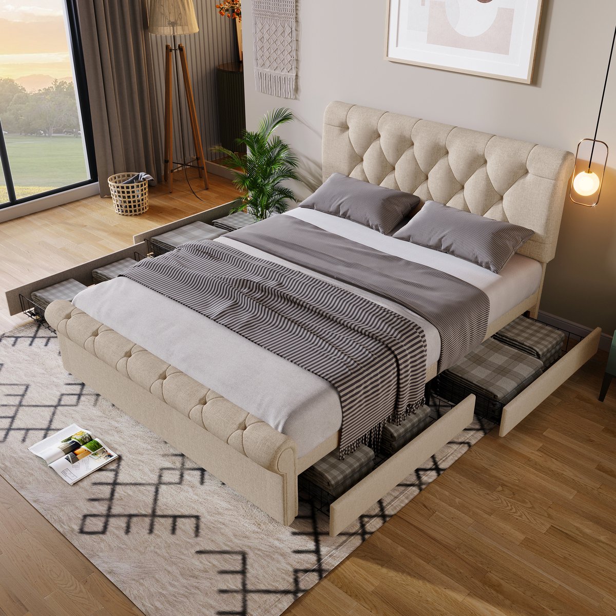 Chesterfield bed 140x200 cm - tweepersoons met 4 opberglades en in hoogte verstelbaar hoofdeinde - naturel linnen - scroll-design met knopenpatroon - stevige lattenbodem - tot 220 kg