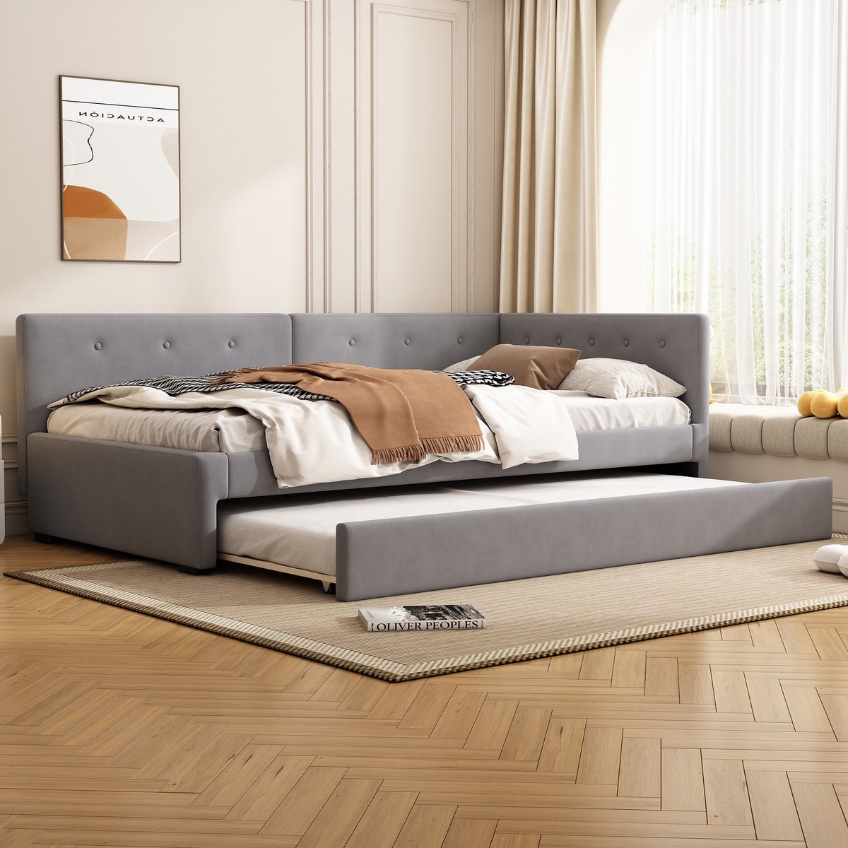 Uitschuifbaar dagbed 90x200 cm - Multifunctionele slaapbank voor logés - 1-2 personen - Grijs fluwelen bekleding - Inclusief rolbed en lattenbodem - Stijlvol minimalistisch ontwerp