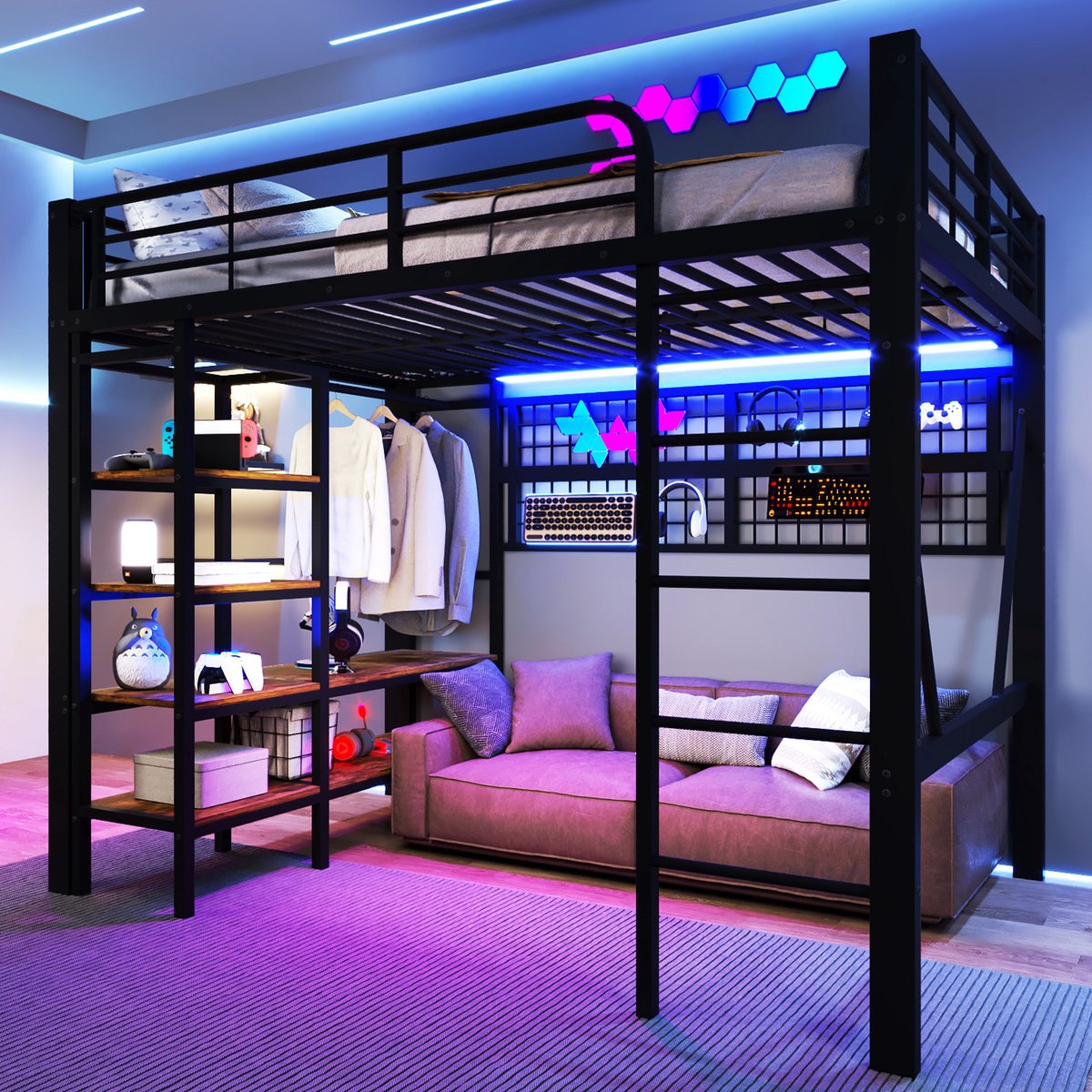 Metalen hoogslaper 140x200 cm - geïntegreerd met bureau, opbergrek en hangmat - zwart - app-gestuurde LED-sfeerverlichting - open ruimte onder het bed - inclusief kledingroede