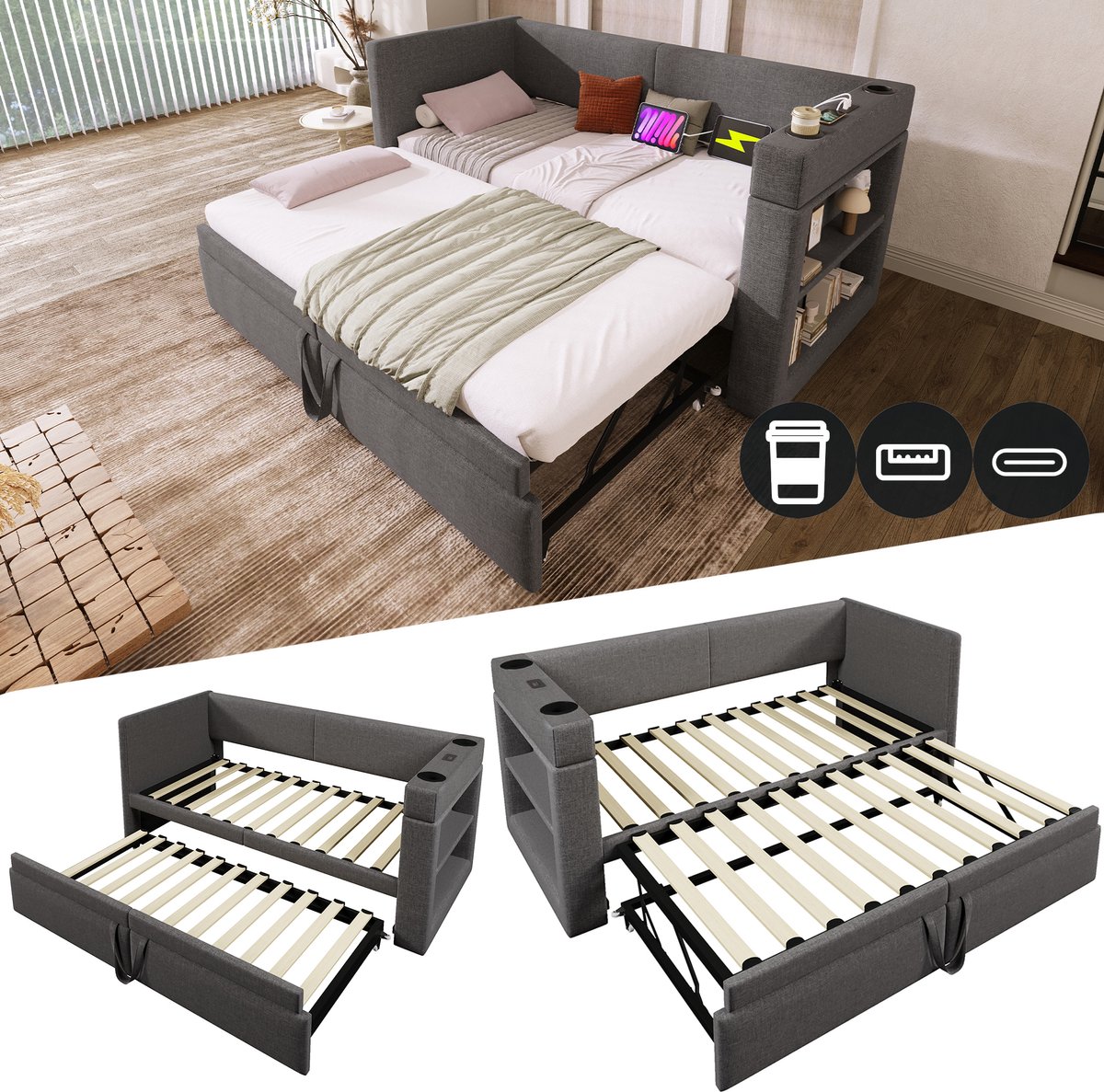 Gestoffeerd dagbed met uitschuifbed - 90x200 cm hoofdbed, 180x200 cm uitgeklapt - Grijs - Armleuningen met USB-C en bekerhouders - Linnen-katoenmix bekleding - Inclusief lattenbodem