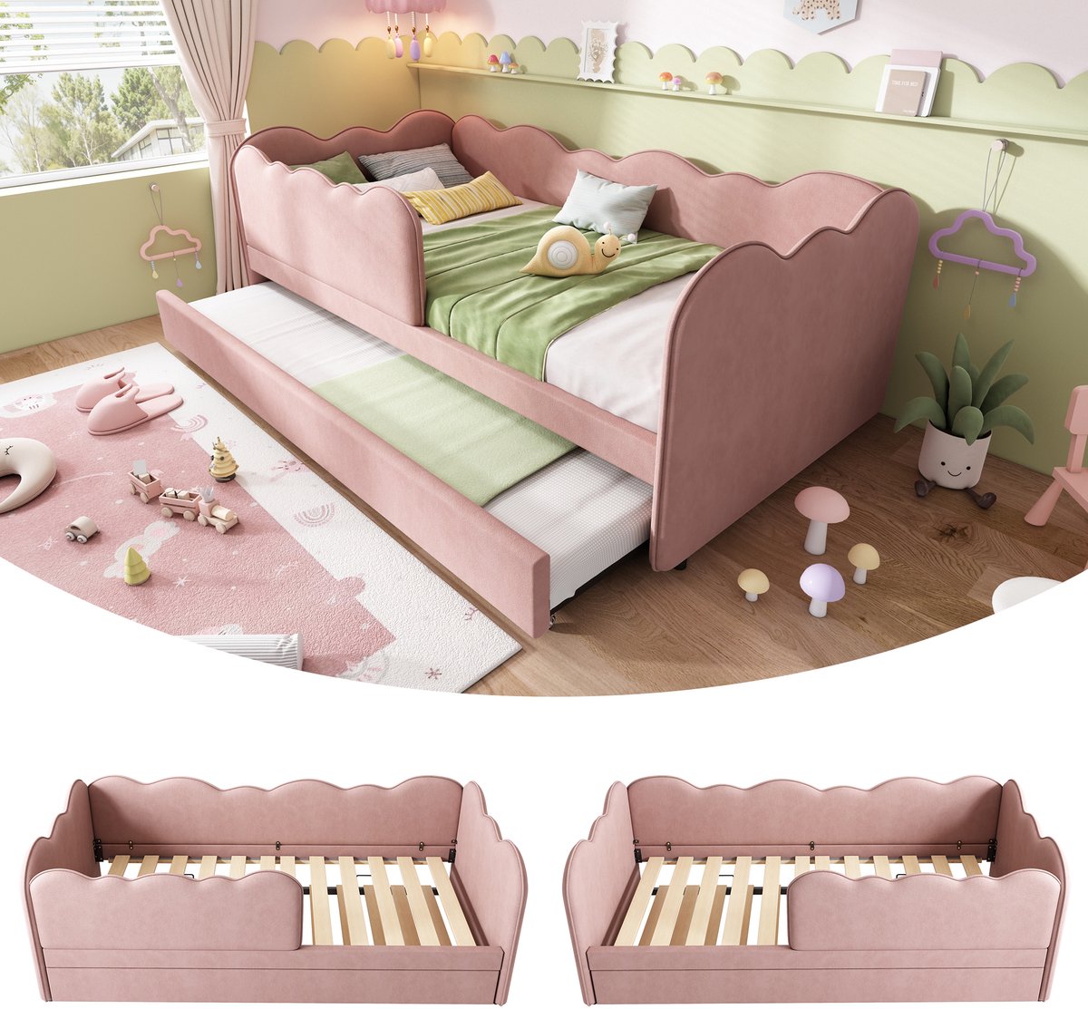 Wolkendagbed met uitschuifbed - Roze fluweel - 90x190 cm + 90x190 cm - L-vormig kinderpolsterbed met lattenbodems - Verwisselbare zijpanelen - Ideaal als peuterbed en logeerbed