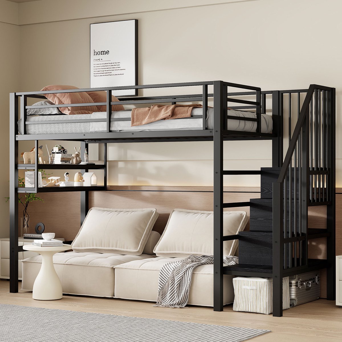 Metalen hoogslaper 90x200 cm - Multifunctioneel met opbergtrap en open speelruimte - 1 persoon - Zwart - Stevig stalen frame, max. 120 kg - Inclusief legplanken