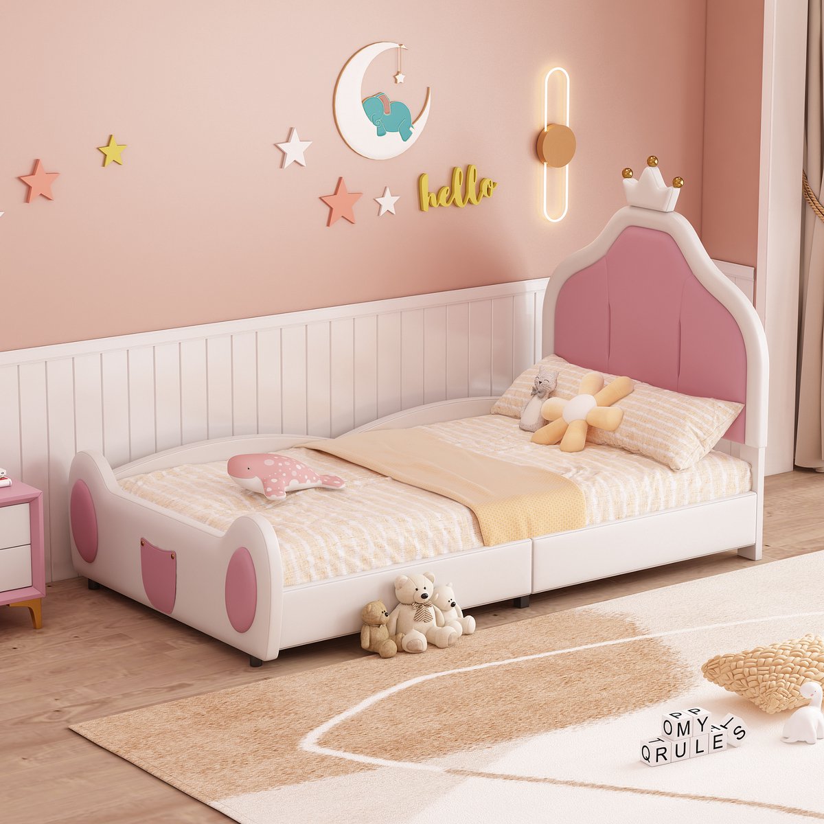 Gestoffeerd kinderbed met elegante kroon en speels voeteneinde - Magisch tweekleurig prinsessenbed - 90x200 cm - 1 persoon - Wit - Onderhoudsvriendelijk PU-leder - Inclusief lattenbodem - Stevig tot 200 kg