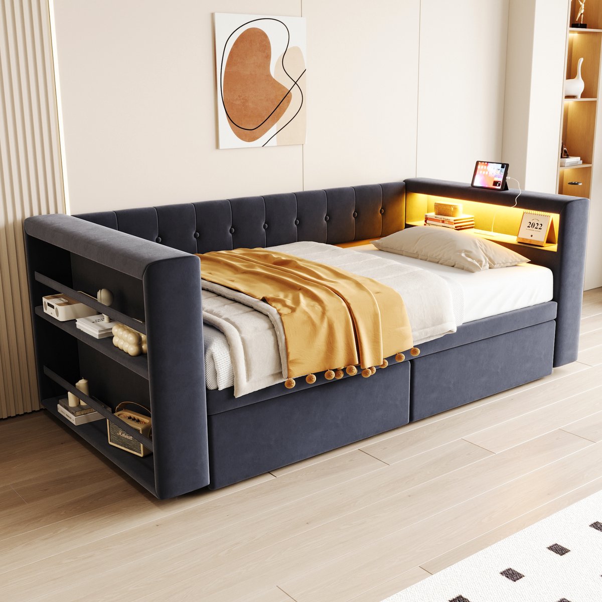 Multifunctionele slaapbank met LED, opbergvak en stopcontact - 90x190 cm eenpersoons - Donkergrijs flanel - 2 ruime schuifladen - Inclusief lattenbodem