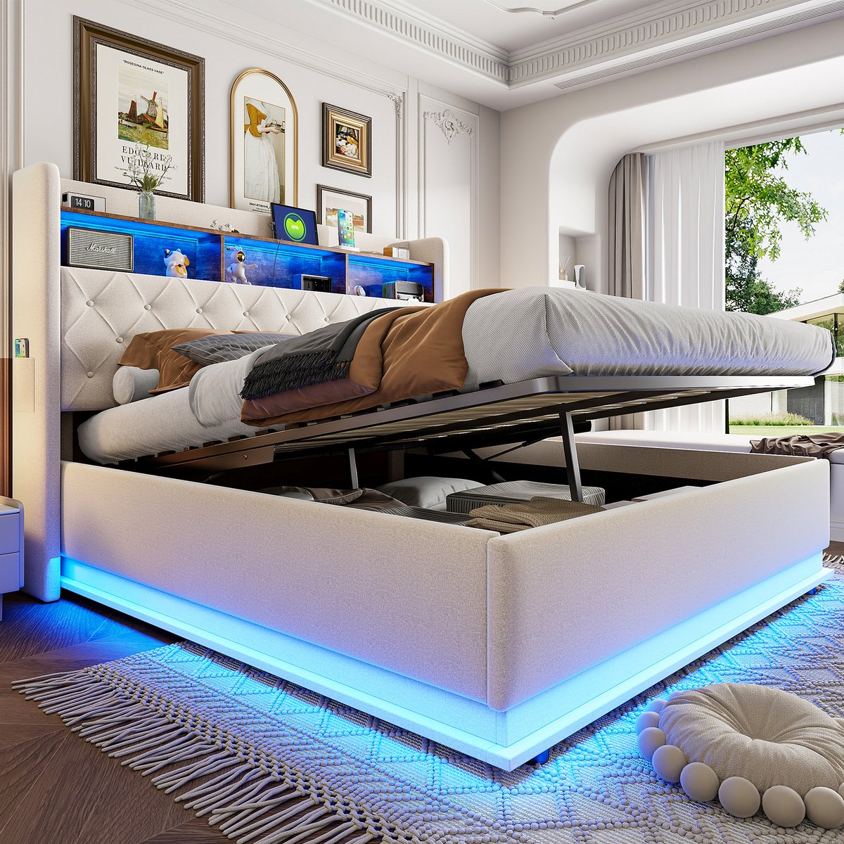 LED-polsterbed 180x200 cm - Hydraulische opbergruimte en USB-laadfunctie - Beige - Meerkleurige LED-verlichting rondom - Ademende linnen bekleding - Stabiel metalen frame