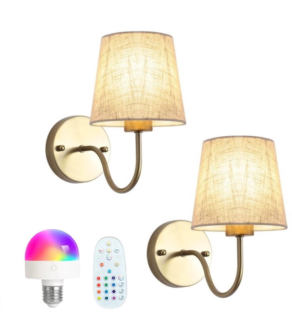 KZQ Wandlamp nikkel - 2 stuks met stoffen kap en E27 fitting, modern design - Voor binnen, slaapkamer, woonkamer, hal