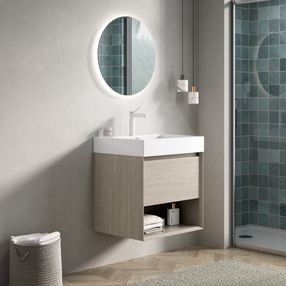 OKWISH Badkamermeubel - Wandmontage Met Geintegreerde Wastafel En Lade - Open Opbergruimte - Licht Eiken En Wit - 55x46x60 cm