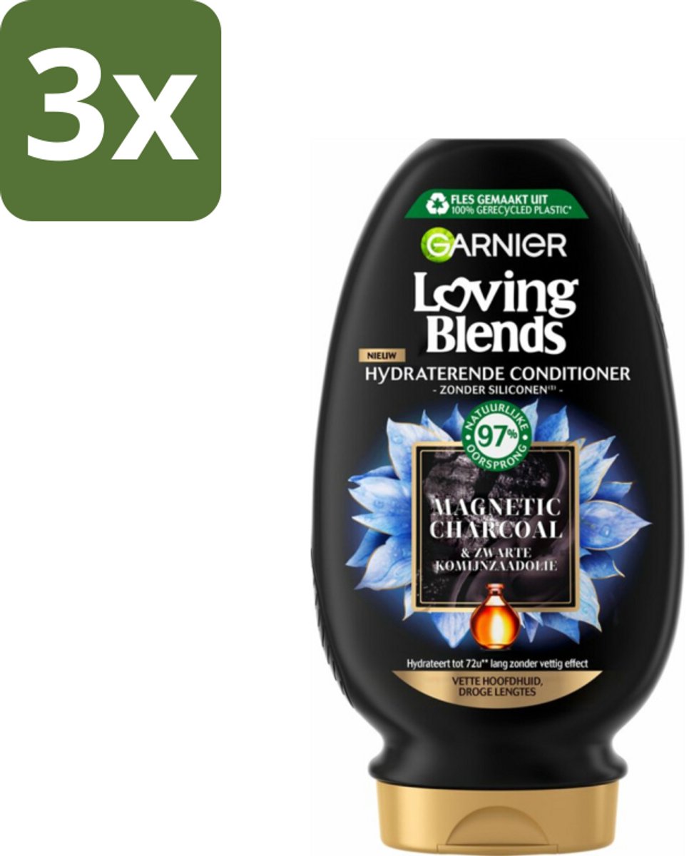 3 x Garnier Loving Blends Magnetic Charcoal Conditioner 250 ml - Vette Hoofdhuid - Droge Lengtes - Conditioner - Zuiverende Conditioner - Hydraat