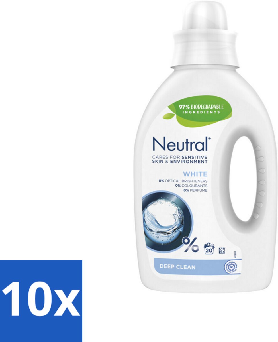 10 x Neutral Vloeibaar Wasmiddel Wit 20 Wasbeurten 1 liter - Gevoelige Huid - Wasmiddel - Wasmachine - Wasmiddel Voor Gevoelige Huid - Parfumvrij