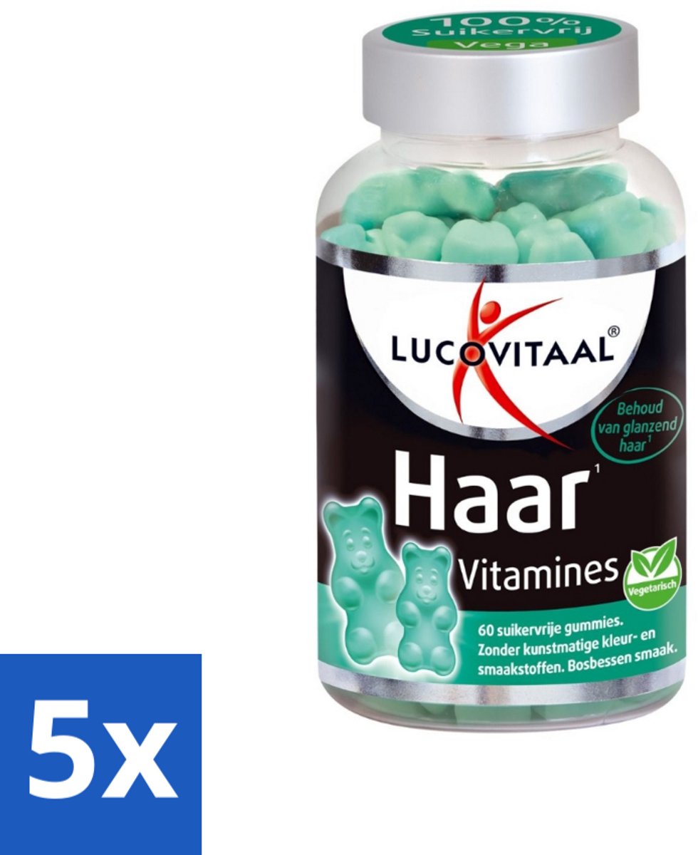 5 x Lucovitaal - Supplement - Haar Vitamines - Suikervrij - Bosbessen Smaak - 60 Gummies - Haar Vitamines - Haar Groei - Biotine - Zink - Suikervrije Gummies