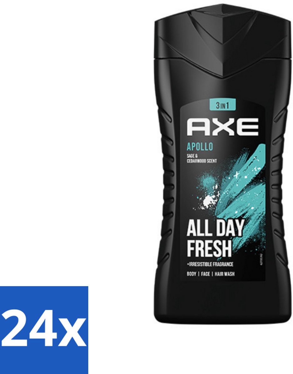 24 x Axe - 3-in-1 Douchegel - Apollo - Sage & Cedarwood - 250 ml - Douchegel - Mannelijke Geur - 3-in-1 - Cederhout - Groen Fruit