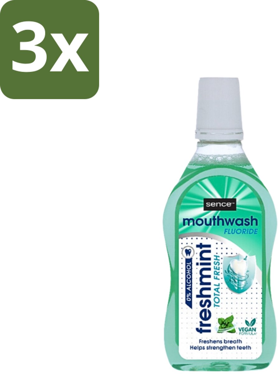 3 x Sence - Fresh Freshmint - Mondwater - Fris & Muntig - 500 ml - Mondwater - Mondverzorging - Frisse Adem - Tandplak - Mintsmaak