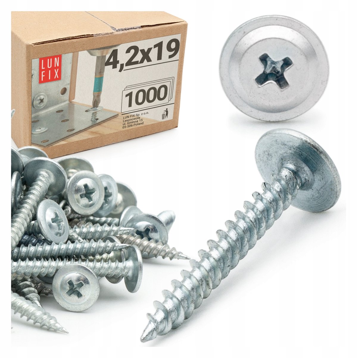 Zelfborende metaalschroeven met ringkop, verzinkt, 4,2x19mm, 1000 stuks