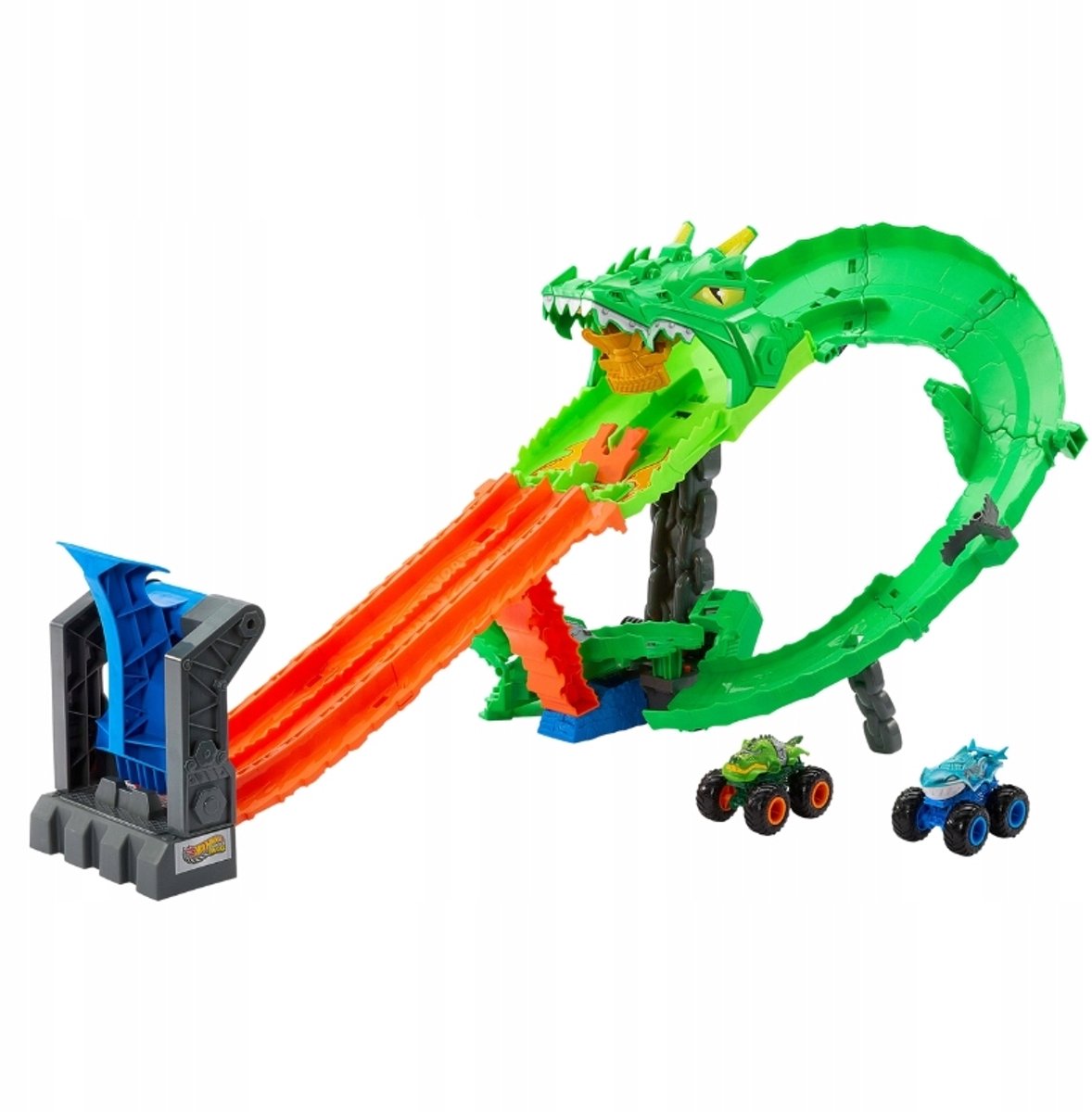 Hot Wheels Monstertrucks - Haaien vs. Dino's Draak Vernietiging Speelset en 2 Speelgoedtrucks — cadeau in Spellen & Speelgoed - foto 8
