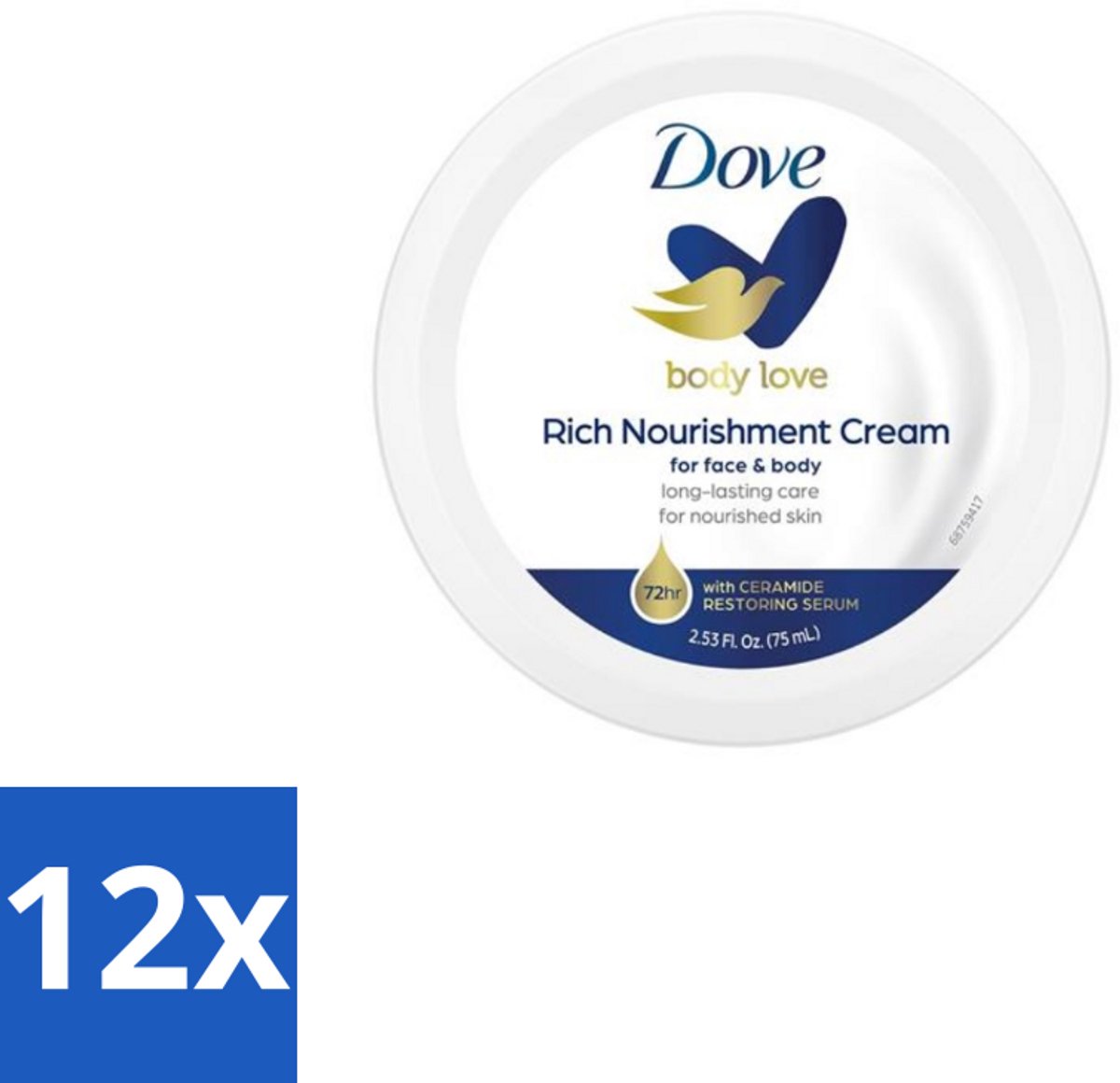 12 x Dove – Bodycrème – Rich Nourishment – 75 ml - Bodycrème - Hydratatie - Droge Huid - Voedende Crème - Huid Verzorging