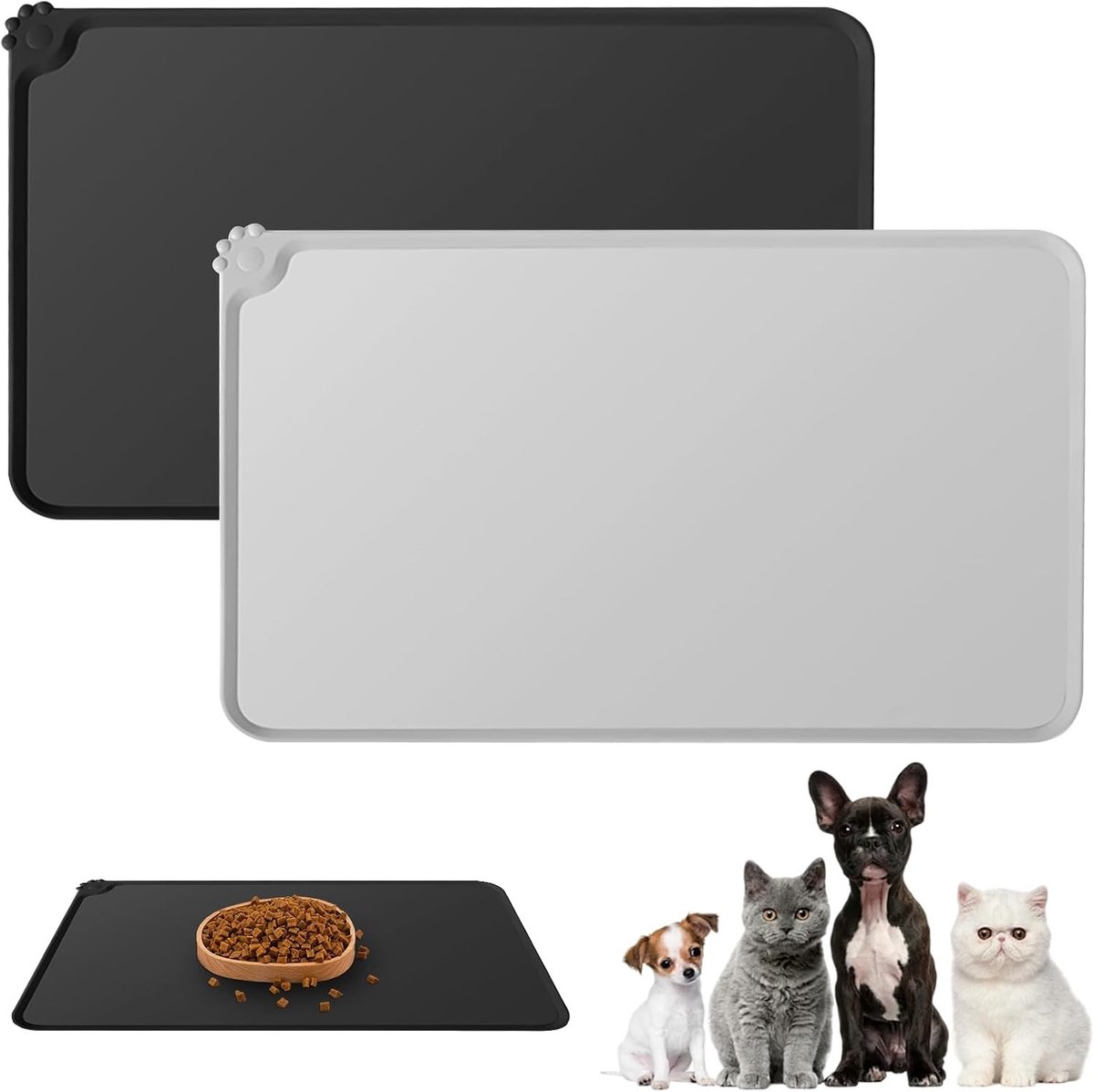 Set van 2 Waterdichte en Antislip Voermatten voor Honden en Katten, Ideaal voor Eten en Drinken, 48 x 30 cm, Zwart en Grijs