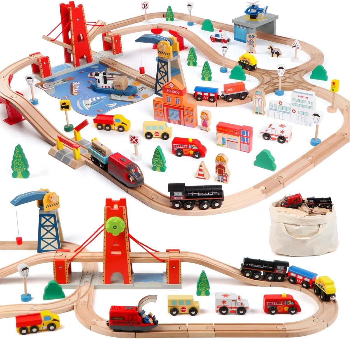 Complete Houten Treinbaan Set met 121 Stukken - Speelgoed voor Kinderen, Creatieve Constructie en Educatief Spel