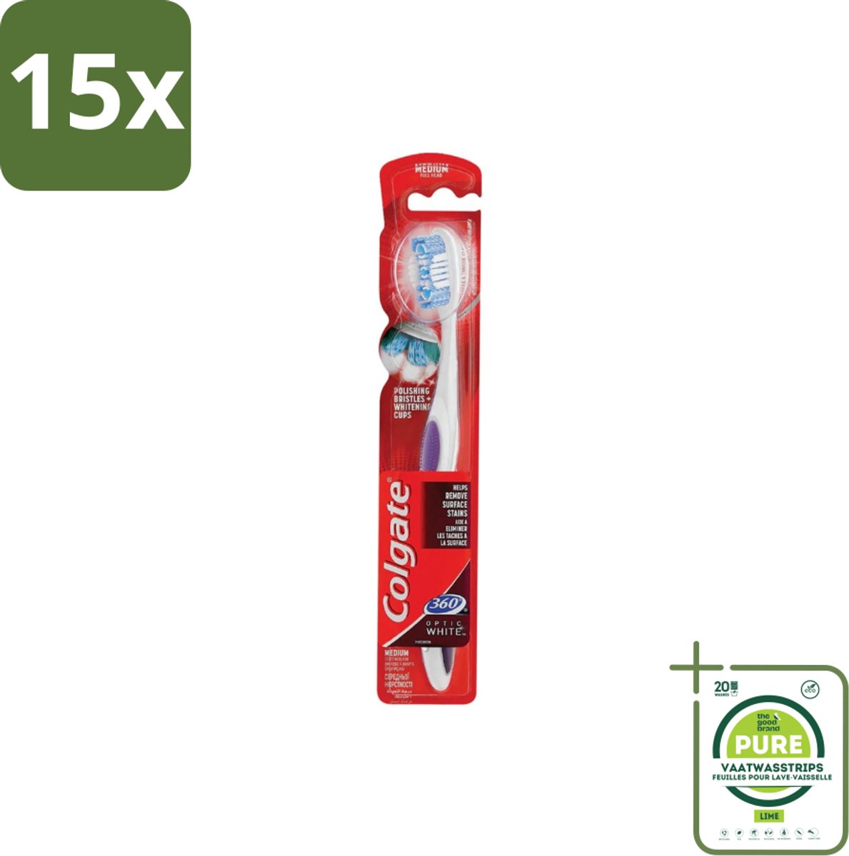 15 x Colgate - Tandenborstel - 360 Optic White Medium- Wit - 1 Tandenborstel - Grootverpakking - Tandenborstel - Wittere Tanden - Mondverzorging - Tanden Reinigen - Tong Reinigen