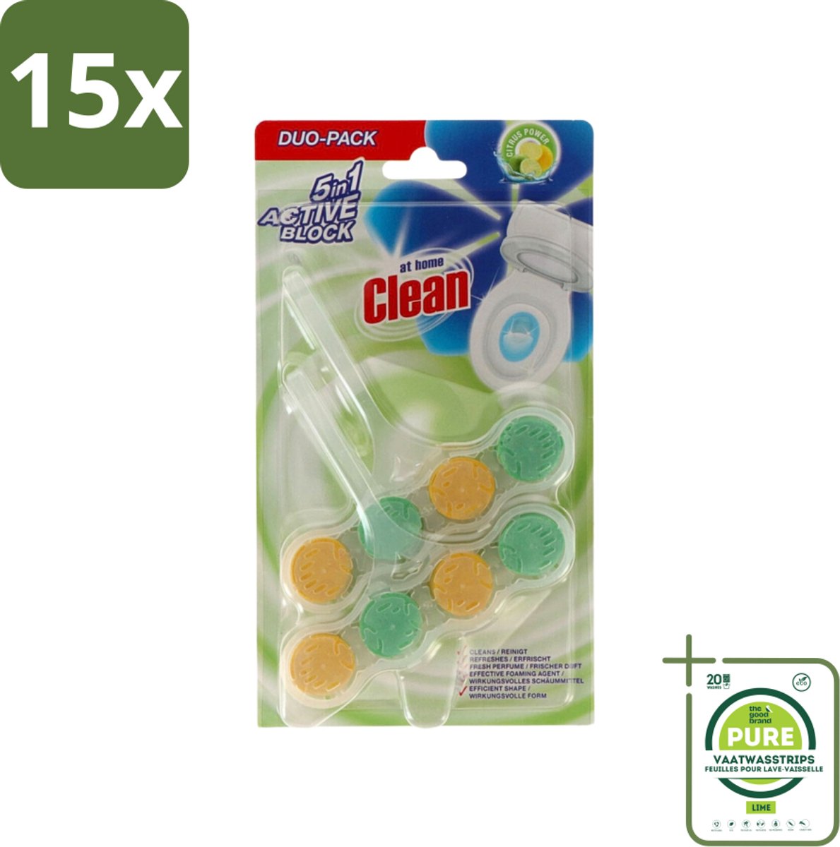 15 x At Home - Clean - Toiletblok - 5in1 Active - Citrus Power - Neutraliseert & Reinigt - 2 Blokken - Grootverpakking - Toiletblok - Toilet Reinigen - Citrus Geur - Schuimmiddel - Toilet Reinigingsmiddel