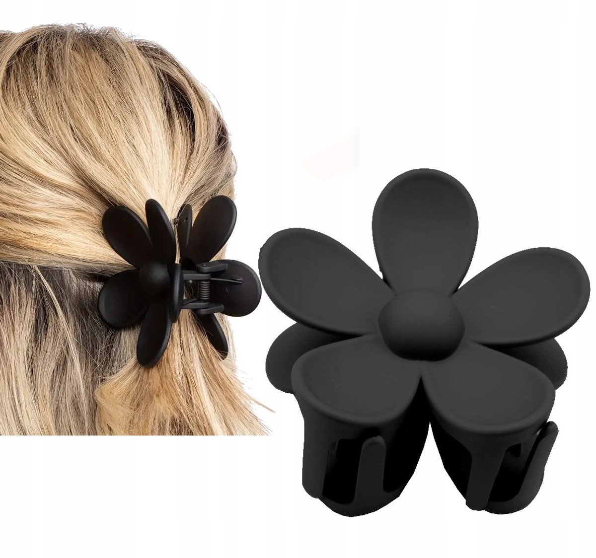 Grote zwarte matte haarclip met bloem